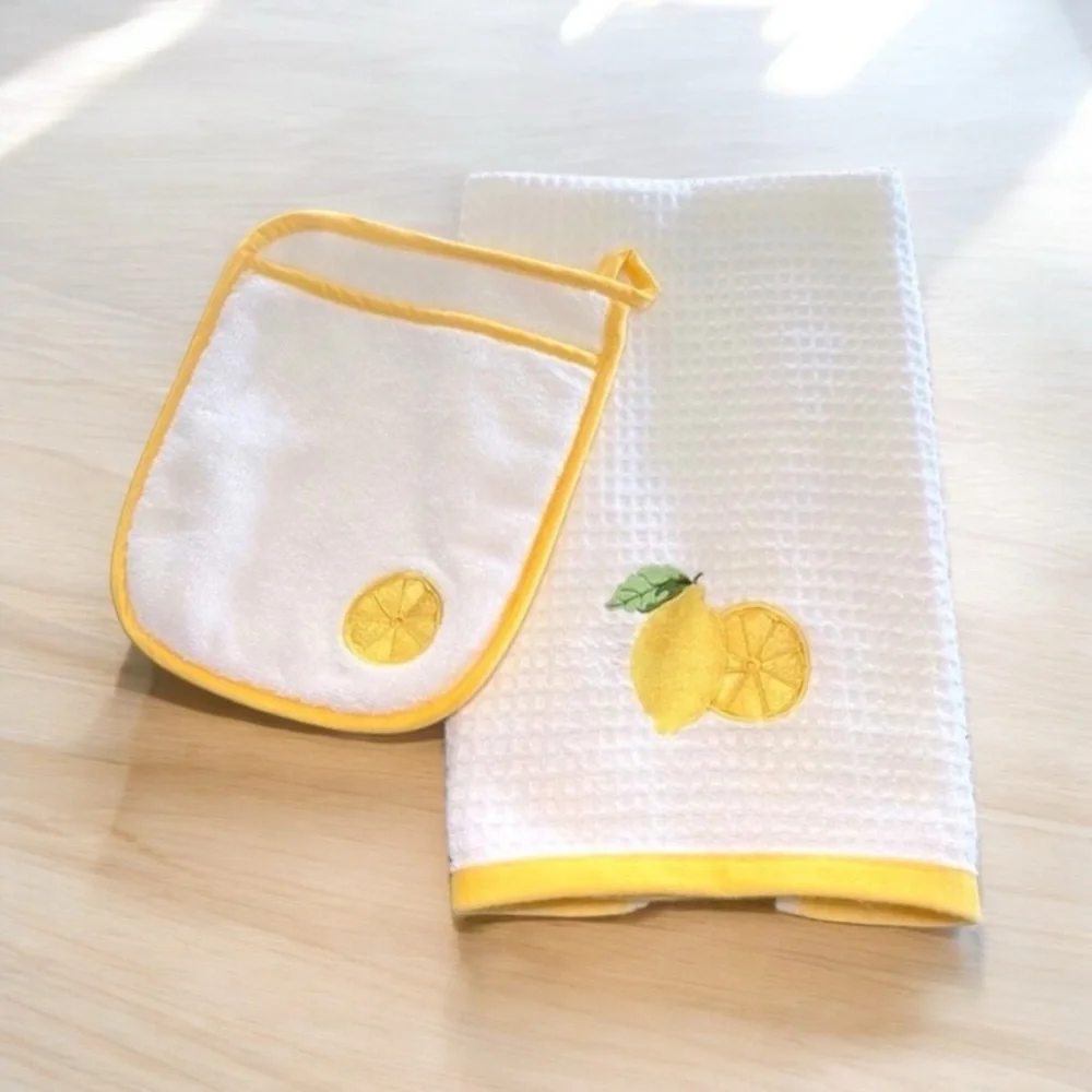 LA PATISSERIE Lemon Kitchen Towel Pot Holder Set Turkish Cotton Waffle White 2Pc